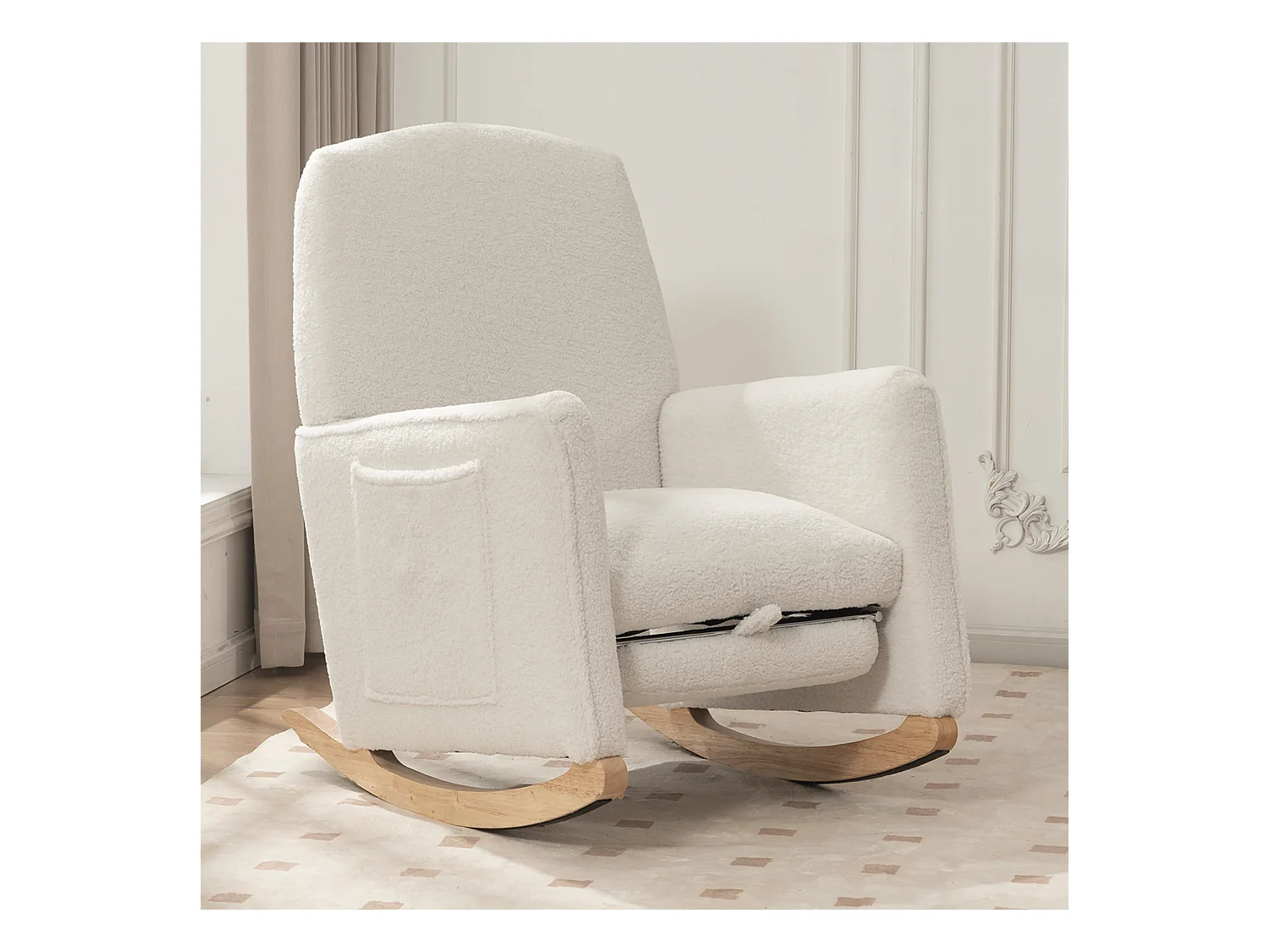 Fauteuil à bascule en Tissu Teddy blanc, rocking chair avec Repose-pieds rétractable, pieds en bois