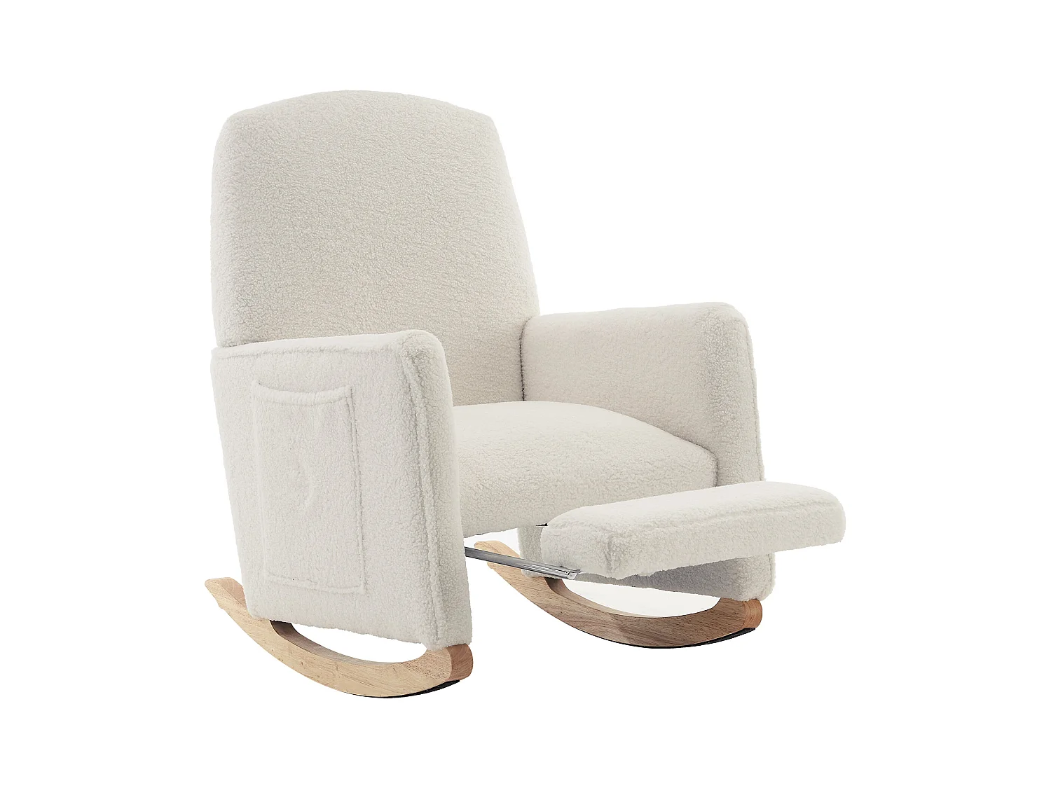 Fauteuil à bascule en Tissu Teddy blanc, rocking chair avec Repose-pieds rétractable, pieds en bois