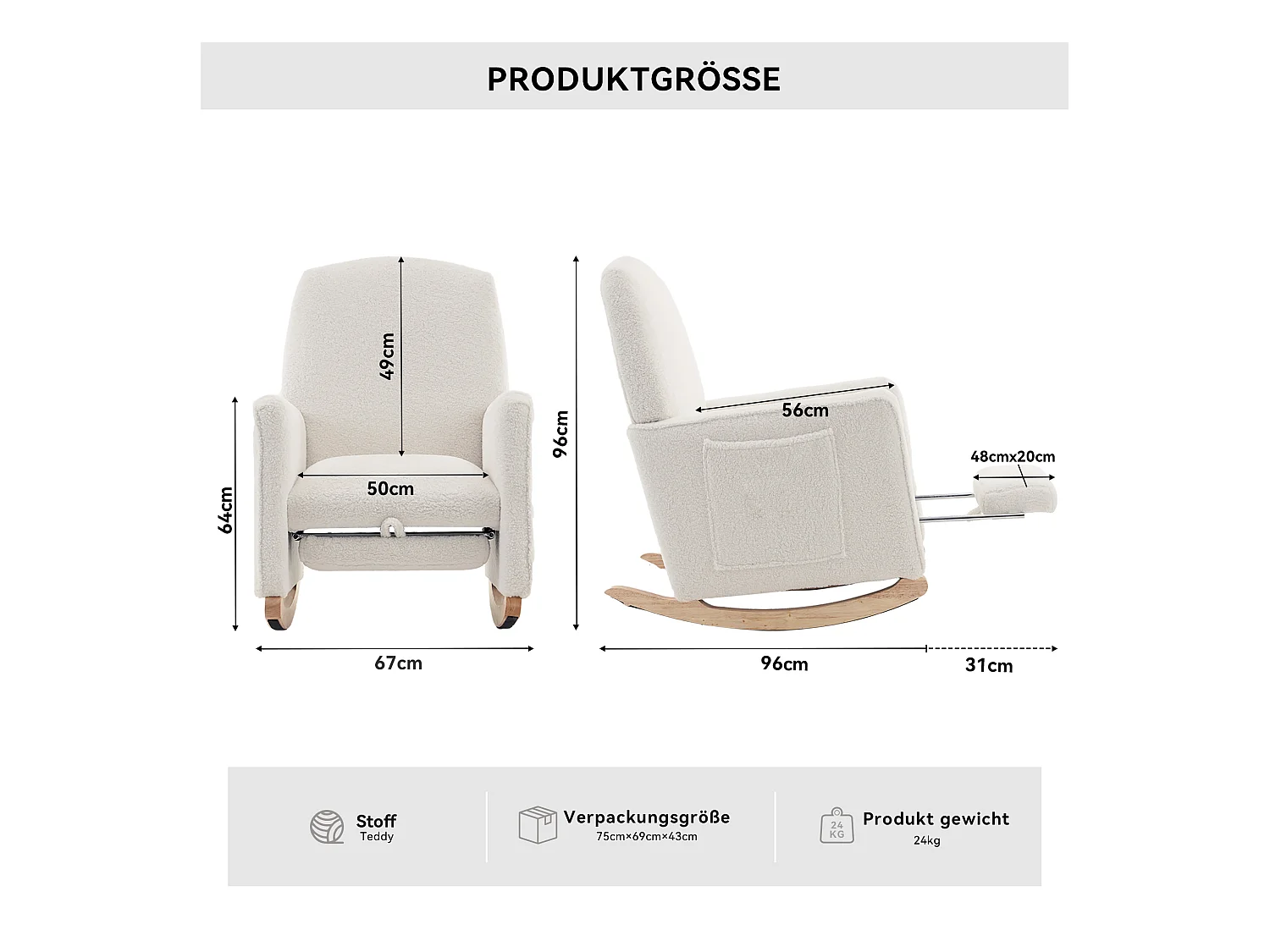 Fauteuil à bascule en Tissu Teddy blanc, rocking chair avec Repose-pieds rétractable, pieds en bois