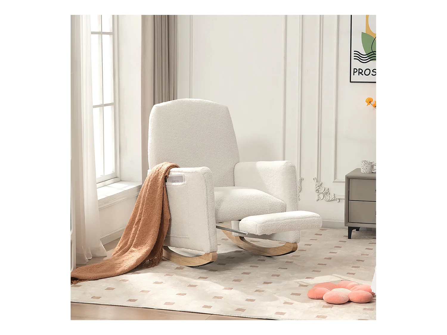 Fauteuil à bascule en Tissu Teddy blanc, rocking chair avec Repose-pieds rétractable, pieds en bois