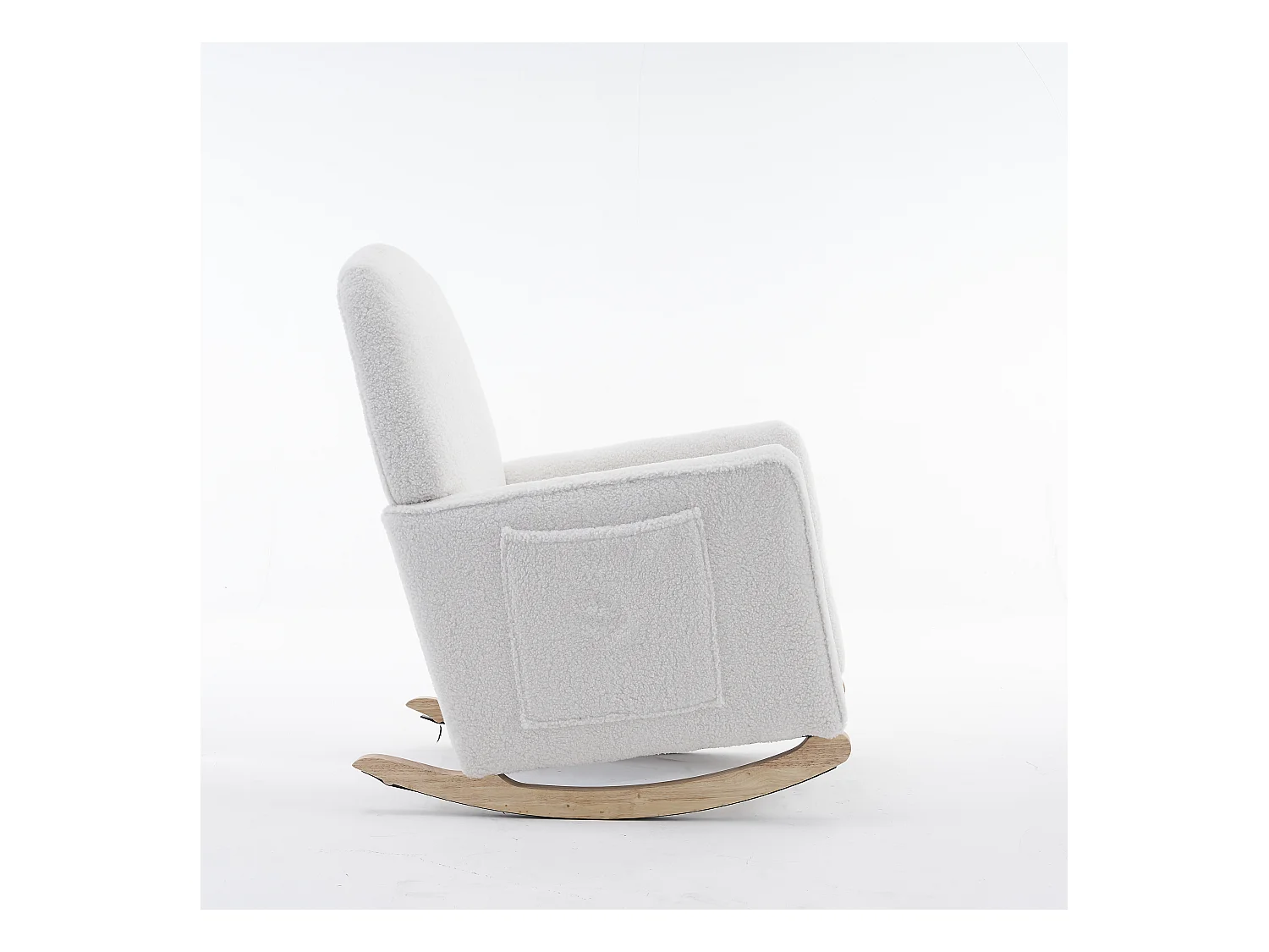 Fauteuil à bascule en Tissu Teddy blanc, rocking chair avec Repose-pieds rétractable, pieds en bois