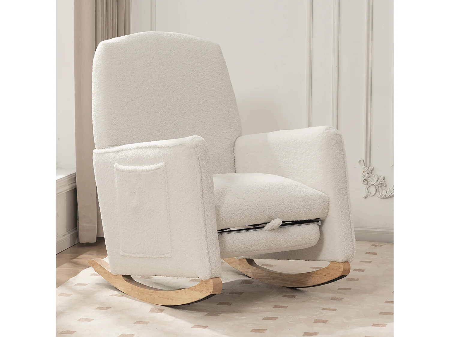 Fauteuil à bascule en Tissu Teddy blanc, rocking chair avec Repose-pieds rétractable, pieds en bois
