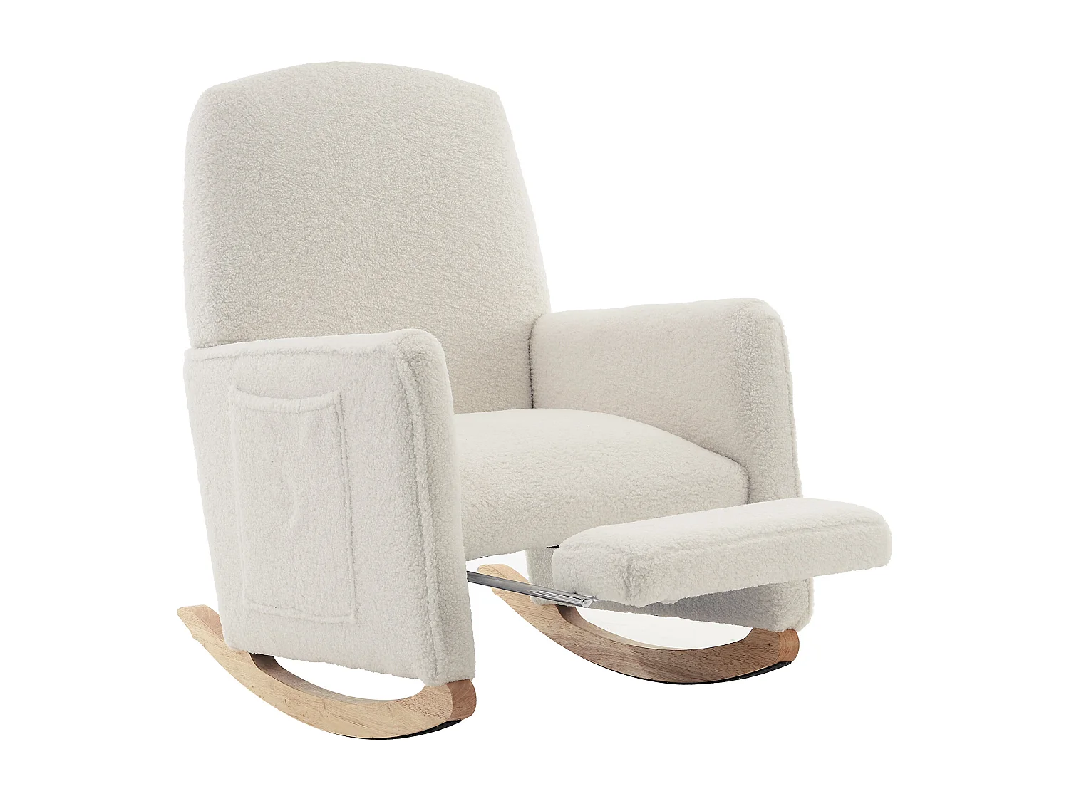Fauteuil à bascule en Tissu Teddy blanc, rocking chair avec Repose-pieds rétractable, pieds en bois