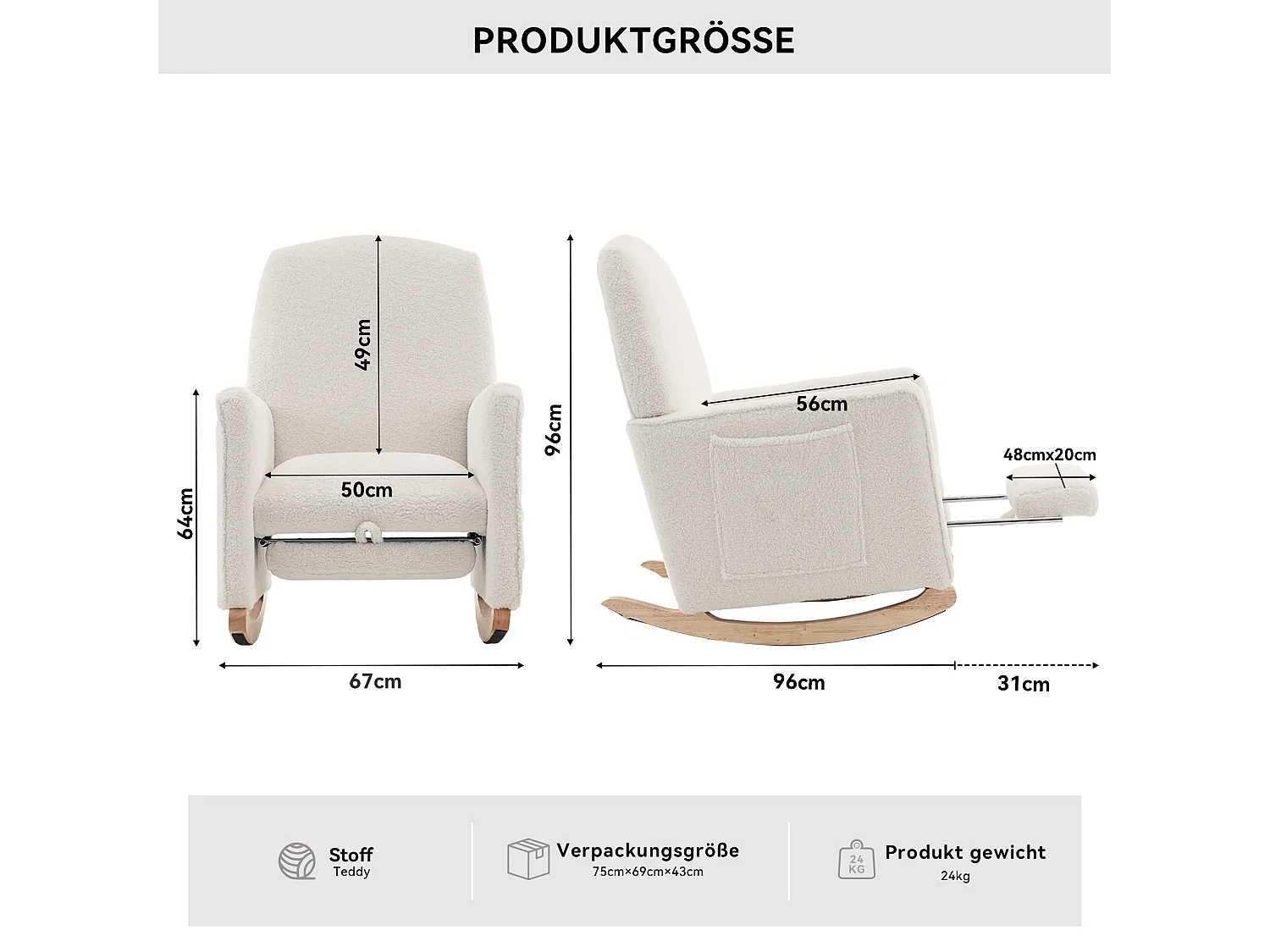 Fauteuil à bascule en Tissu Teddy blanc, rocking chair avec Repose-pieds rétractable, pieds en bois