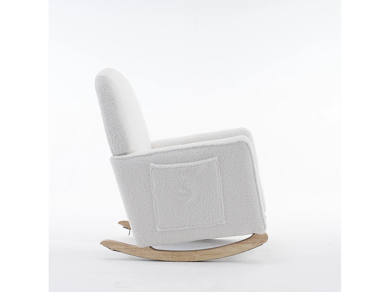 Fauteuil à bascule en Tissu Teddy blanc, rocking chair avec Repose-pieds rétractable, pieds en bois