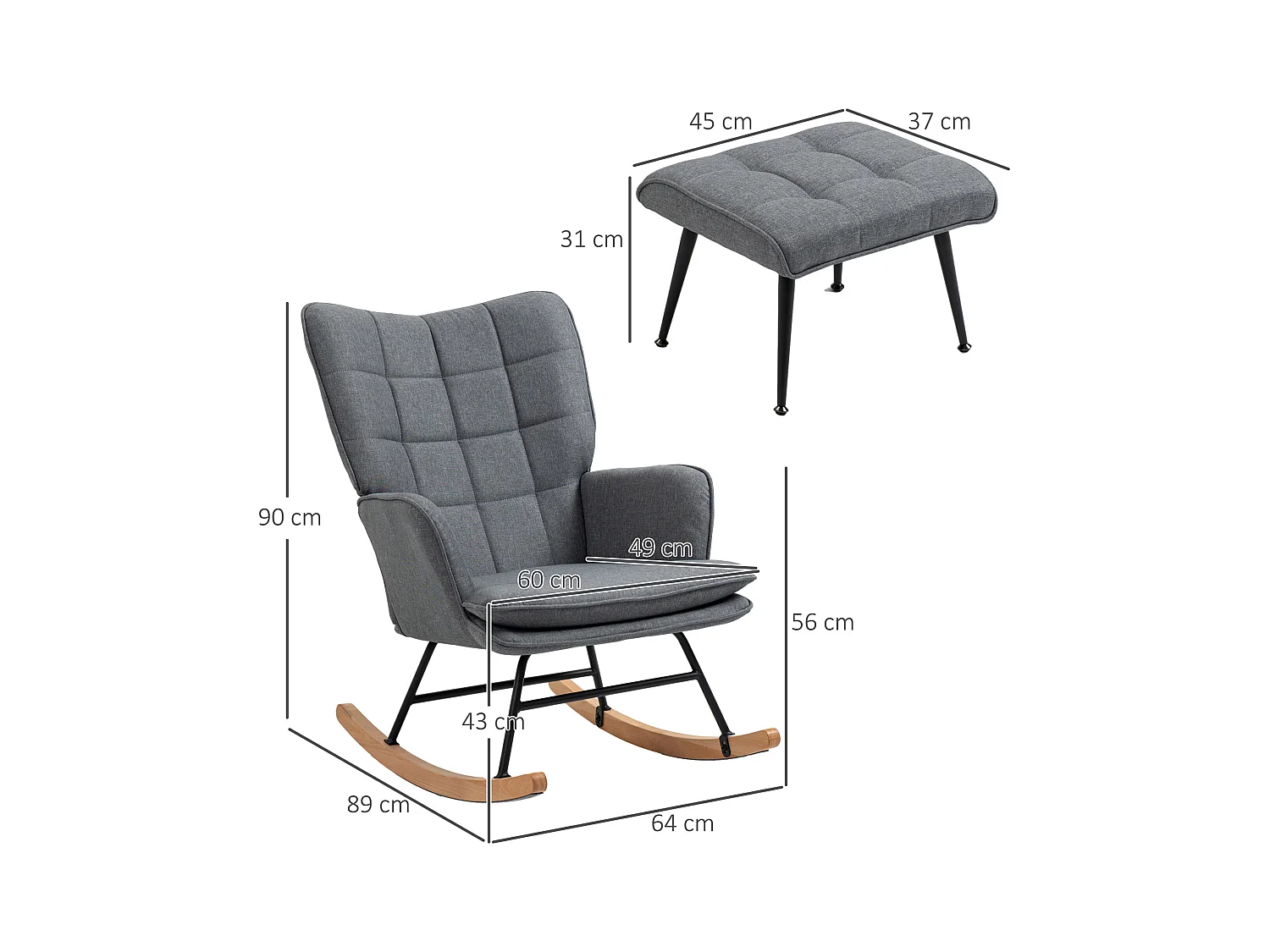 Fauteuil à bascule avec tabouret, tissu en lin gris