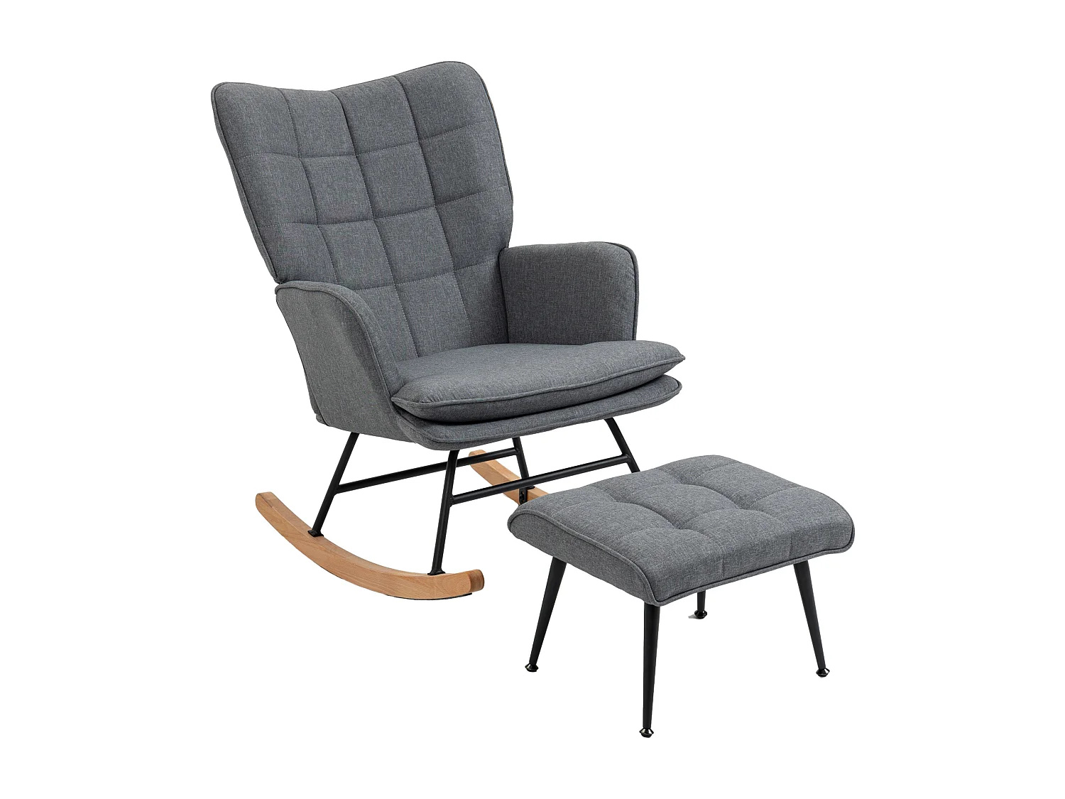 Fauteuil à bascule avec tabouret, tissu en lin gris