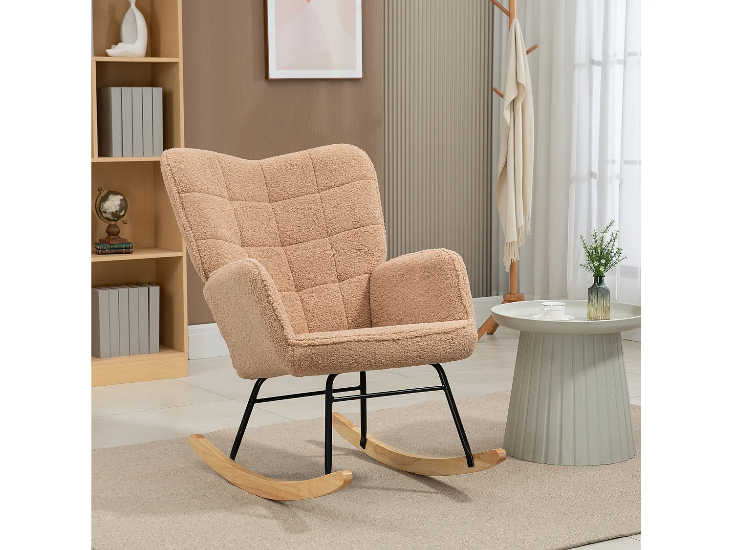 Fauteuil à bascule en velours bouclé brun, chaise à bascule avec accoudoirs