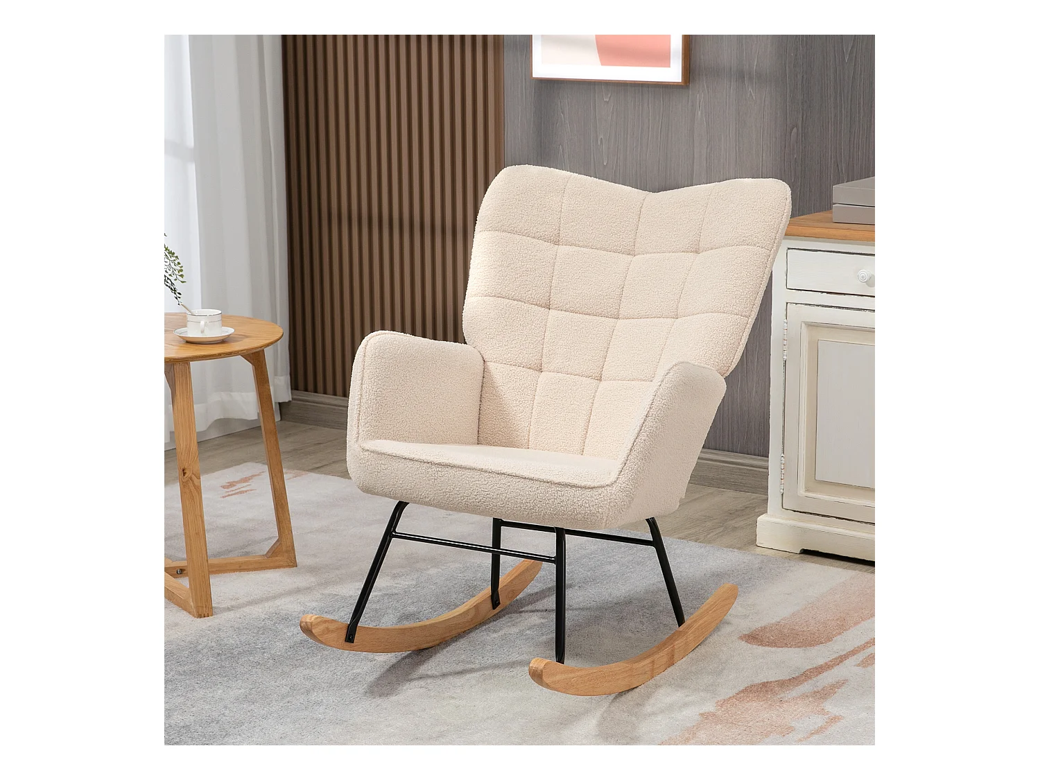 Fauteuil à bascule en velours bouclé beige, chaise à bascule avec accoudoirs