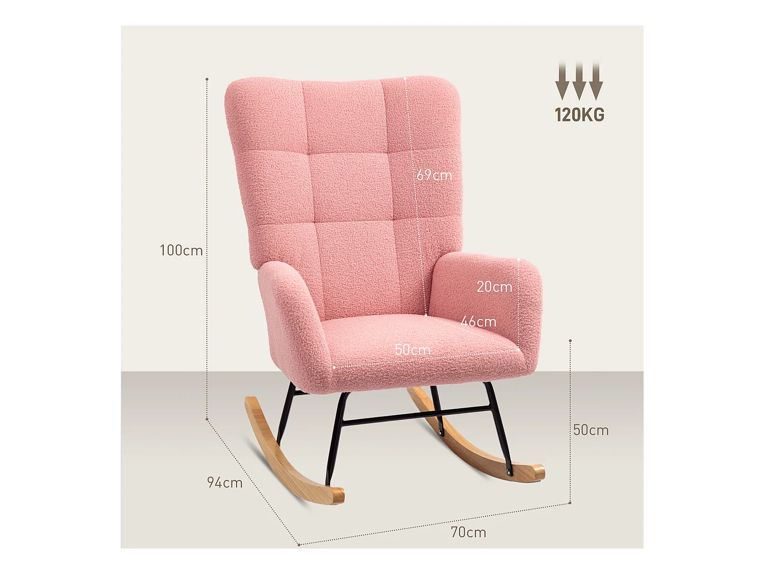 Fauteuil à bascule en velours Teddy Rose, chaise à bascule avec accoudoirs