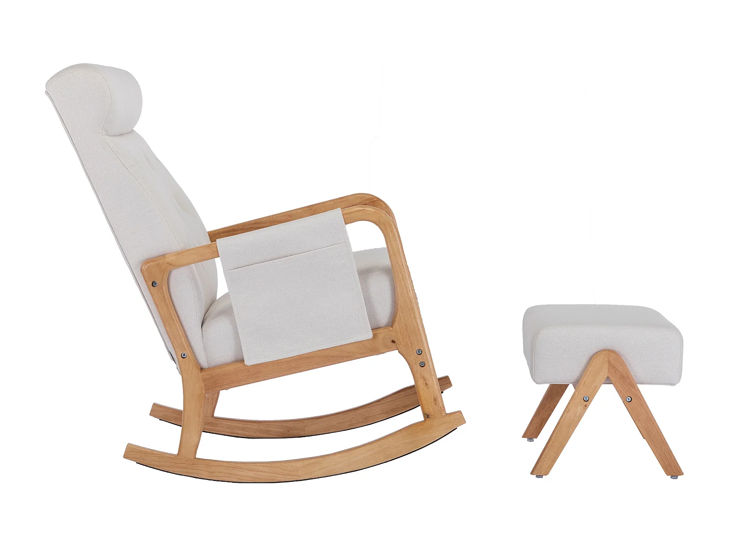 Fauteuil à bascule en lin blanc, rocking chair avec tabouret, cadre en bois