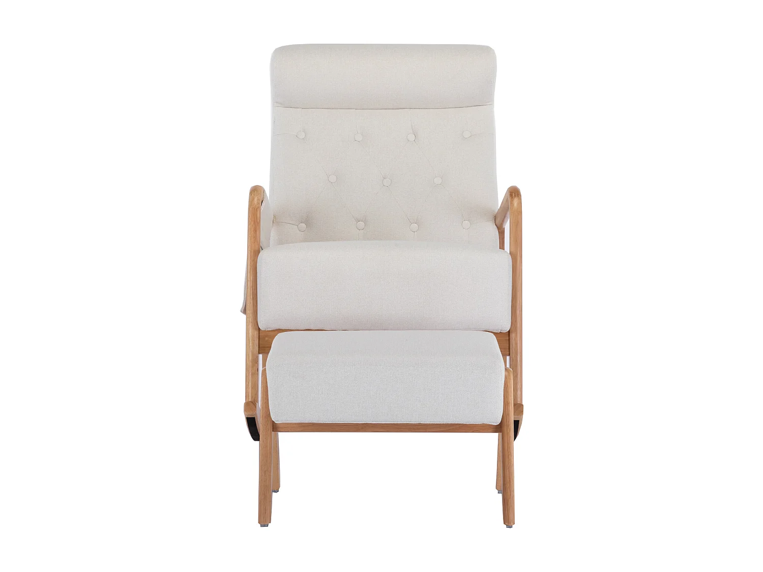 Fauteuil à bascule en lin blanc, rocking chair avec tabouret, cadre en bois