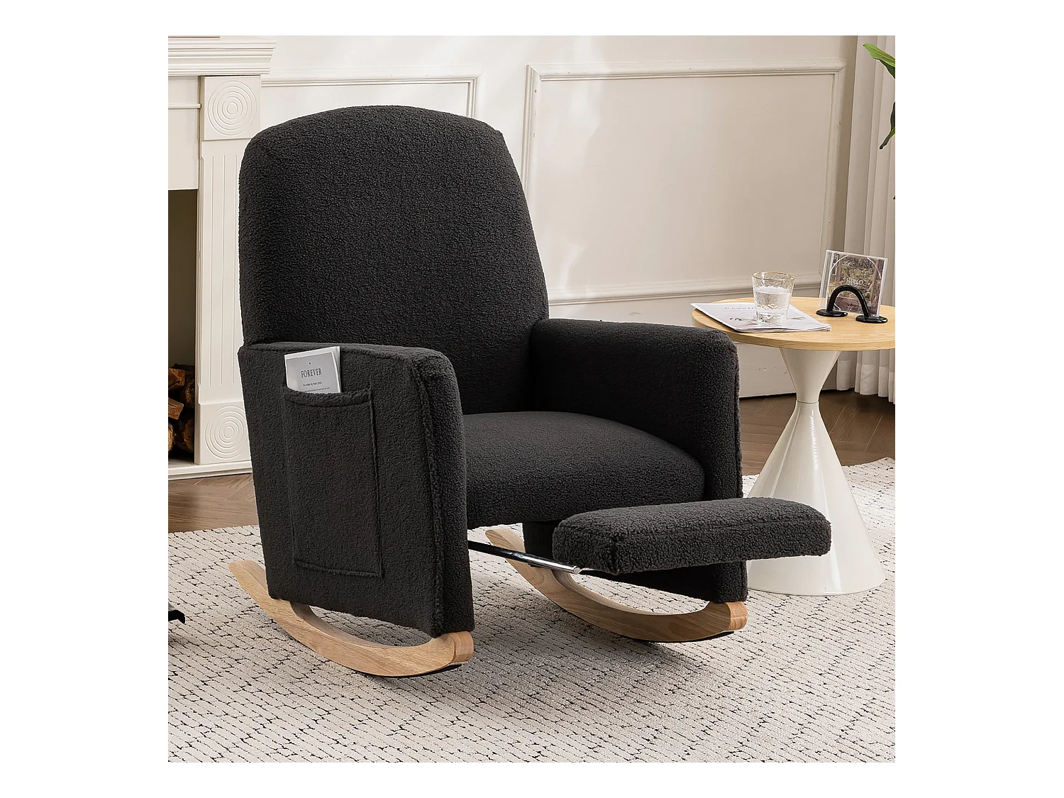 Fauteuil à bascule en Tissu Teddy noir, rocking chair avec Repose-pieds rétractable, pieds en bois