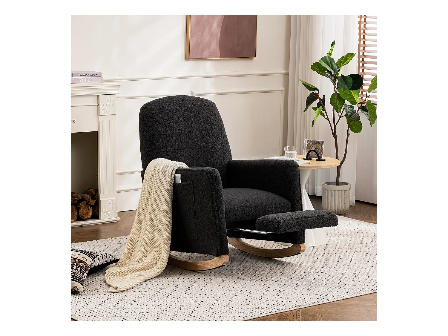 Fauteuil à bascule en Tissu Teddy noir, rocking chair avec Repose-pieds rétractable, pieds en bois