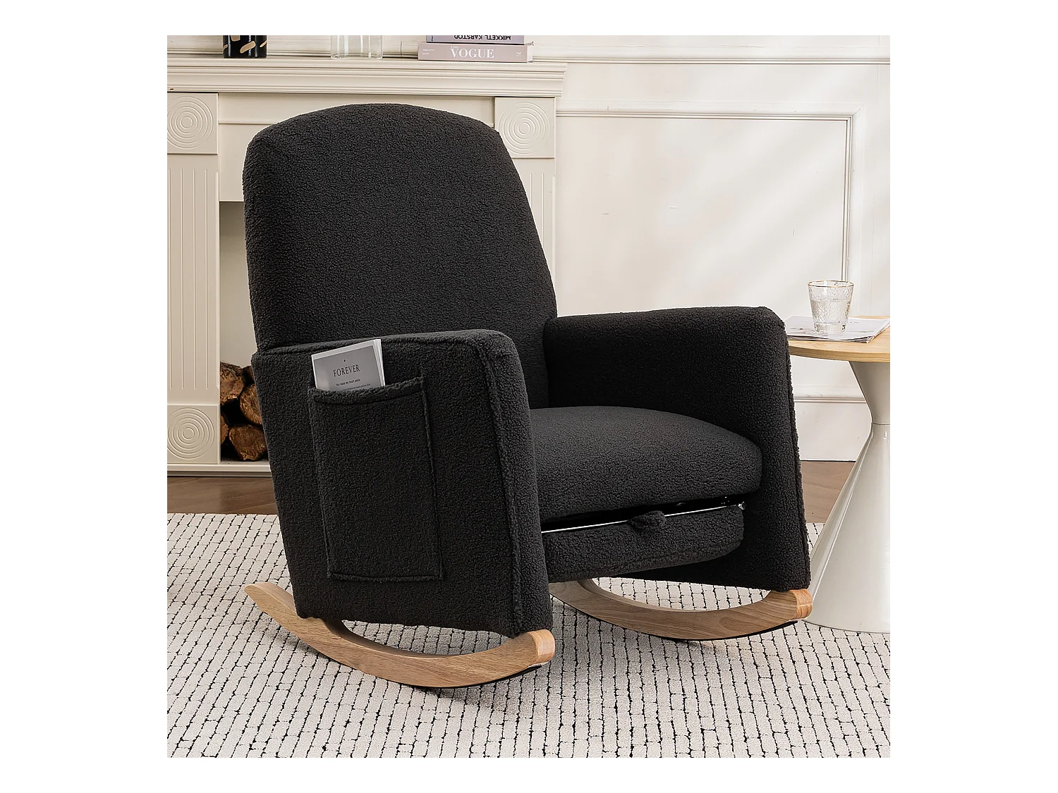 Fauteuil à bascule en Tissu Teddy noir, rocking chair avec Repose-pieds rétractable, pieds en bois