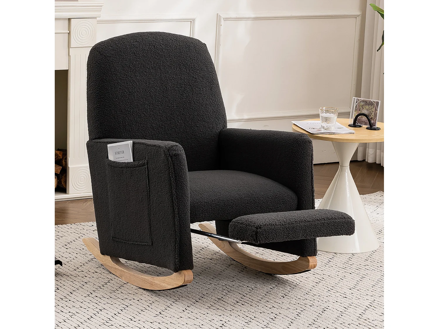 Fauteuil à bascule en Tissu Teddy noir, rocking chair avec Repose-pieds rétractable, pieds en bois