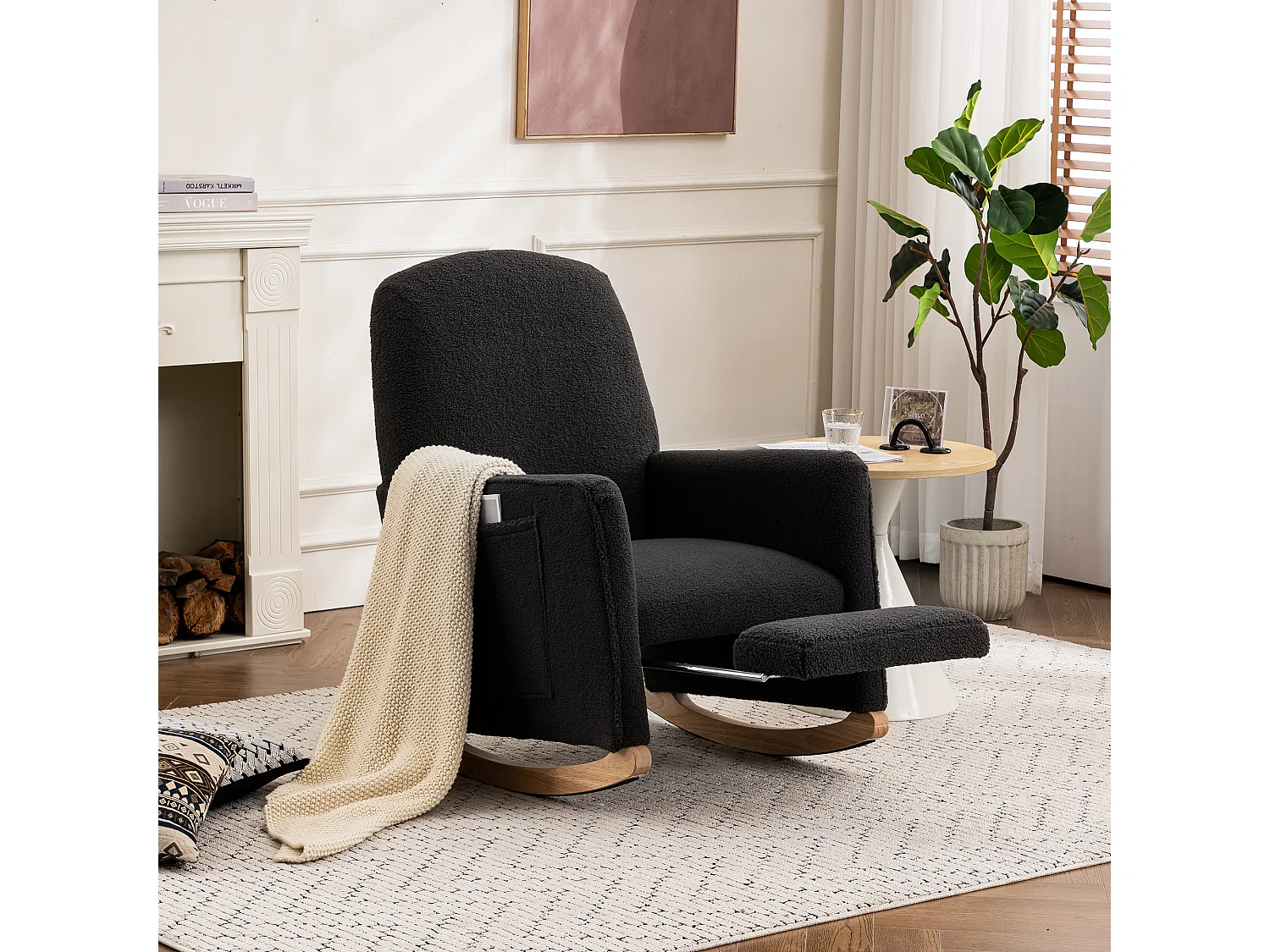 Fauteuil à bascule en Tissu Teddy noir, rocking chair avec Repose-pieds rétractable, pieds en bois