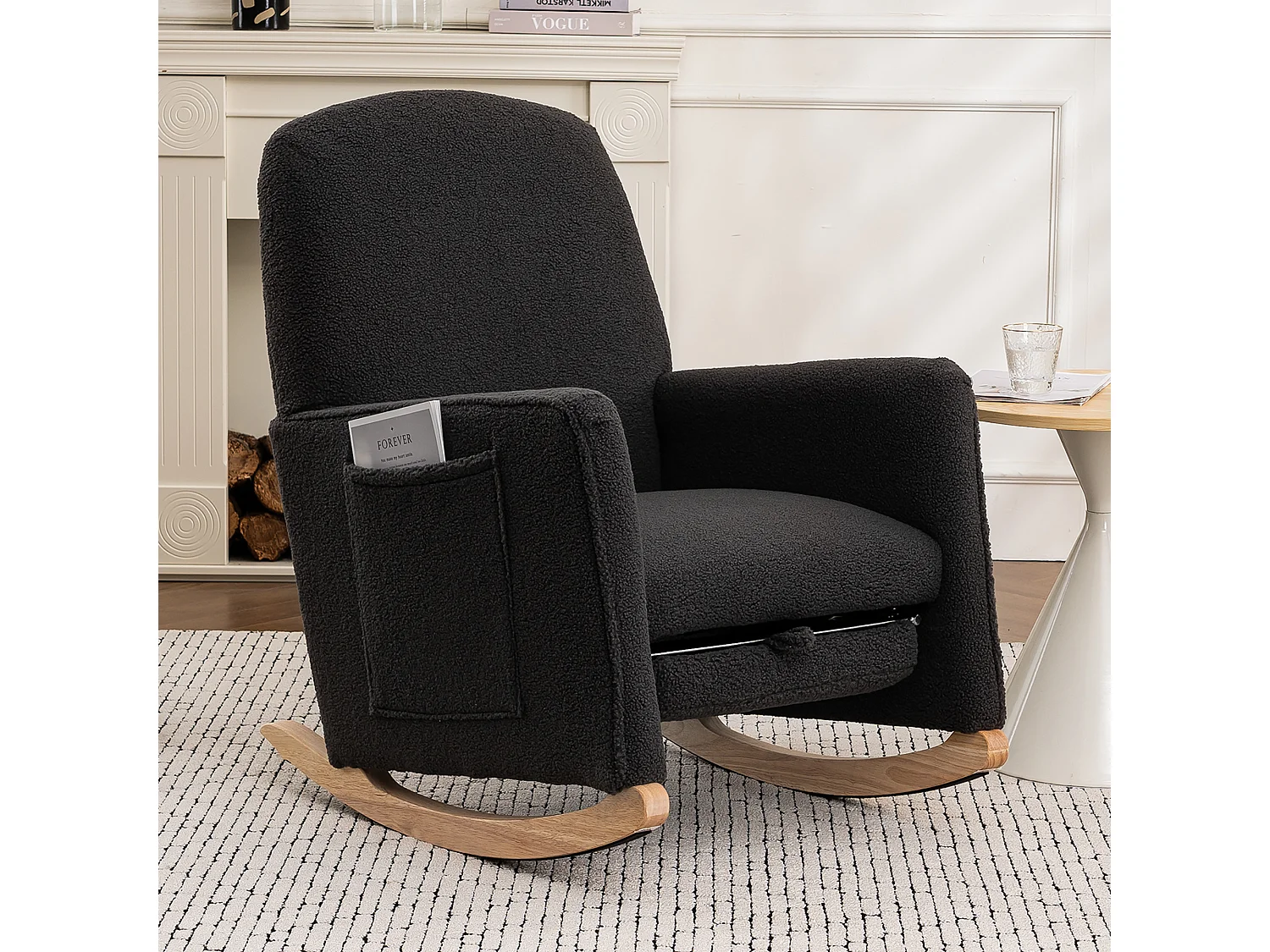 Fauteuil à bascule en Tissu Teddy noir, rocking chair avec Repose-pieds rétractable, pieds en bois