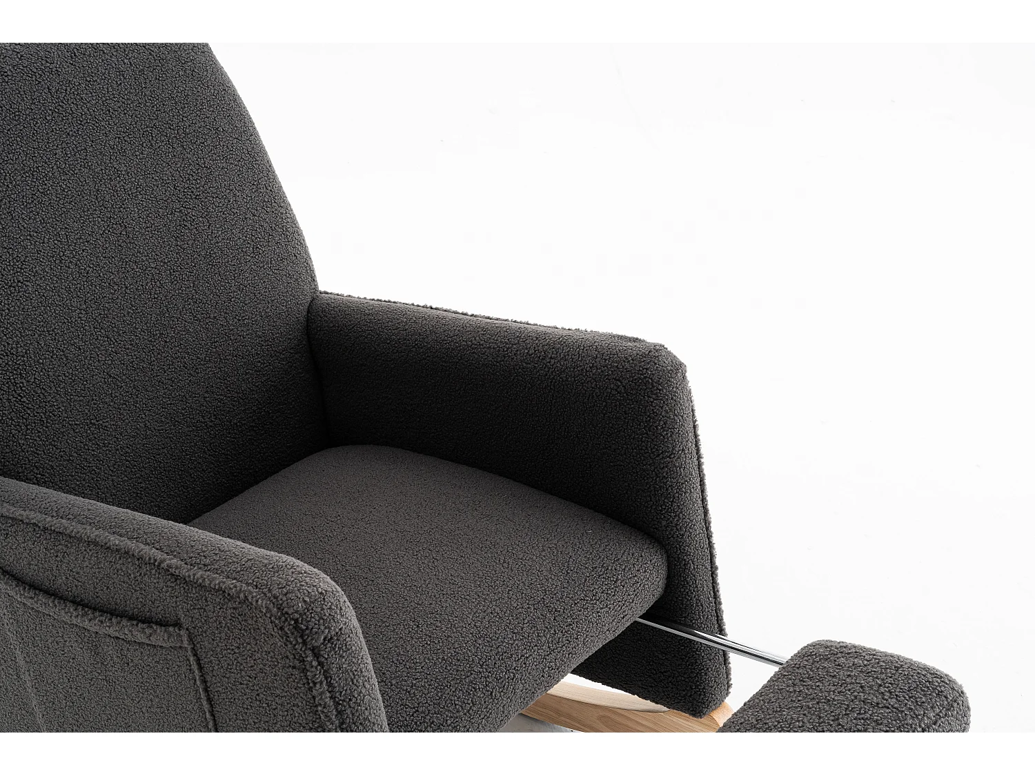 Fauteuil à bascule en Tissu Teddy noir, rocking chair avec Repose-pieds rétractable, pieds en bois