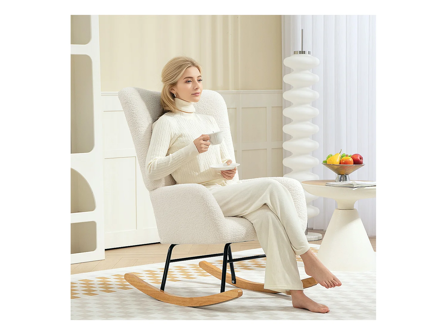 Fauteuil à bascule en velours Teddy Blanc crème, chaise à bascule avec accoudoirs