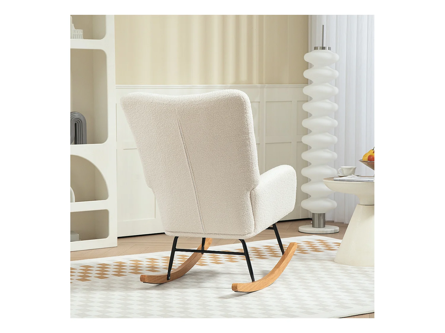 Fauteuil à bascule en velours Teddy Blanc crème, chaise à bascule avec accoudoirs