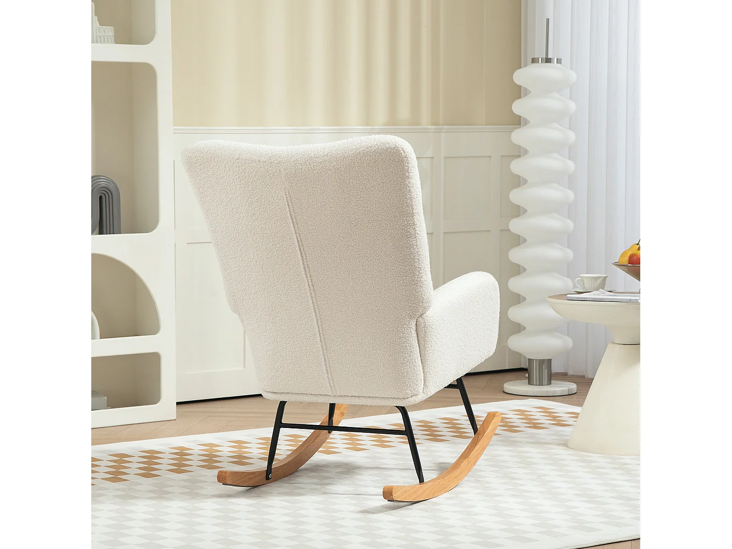 Cadeira de balanço de veludo Teddy branco creme, cadeira de balanço com braços