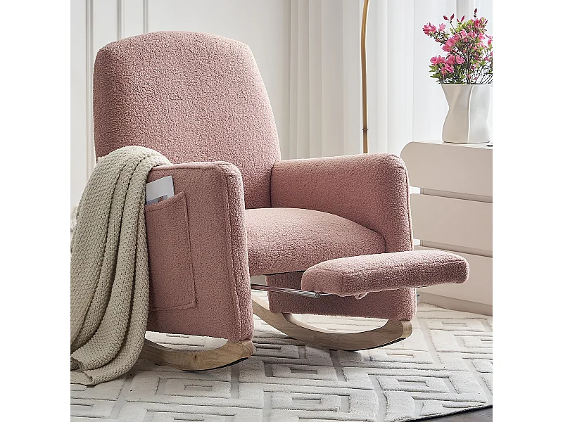 Fauteuil à bascule en Tissu Teddy rose, rocking chair avec Repose-pieds rétractable, pieds en bois