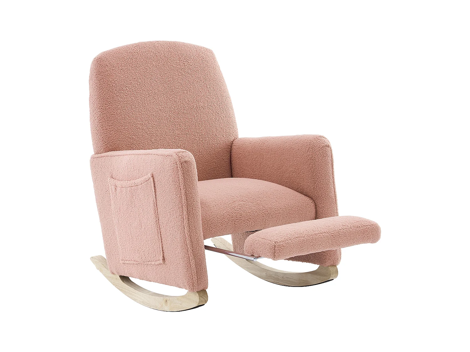 Fauteuil à bascule en Tissu Teddy rose, rocking chair avec Repose-pieds rétractable, pieds en bois