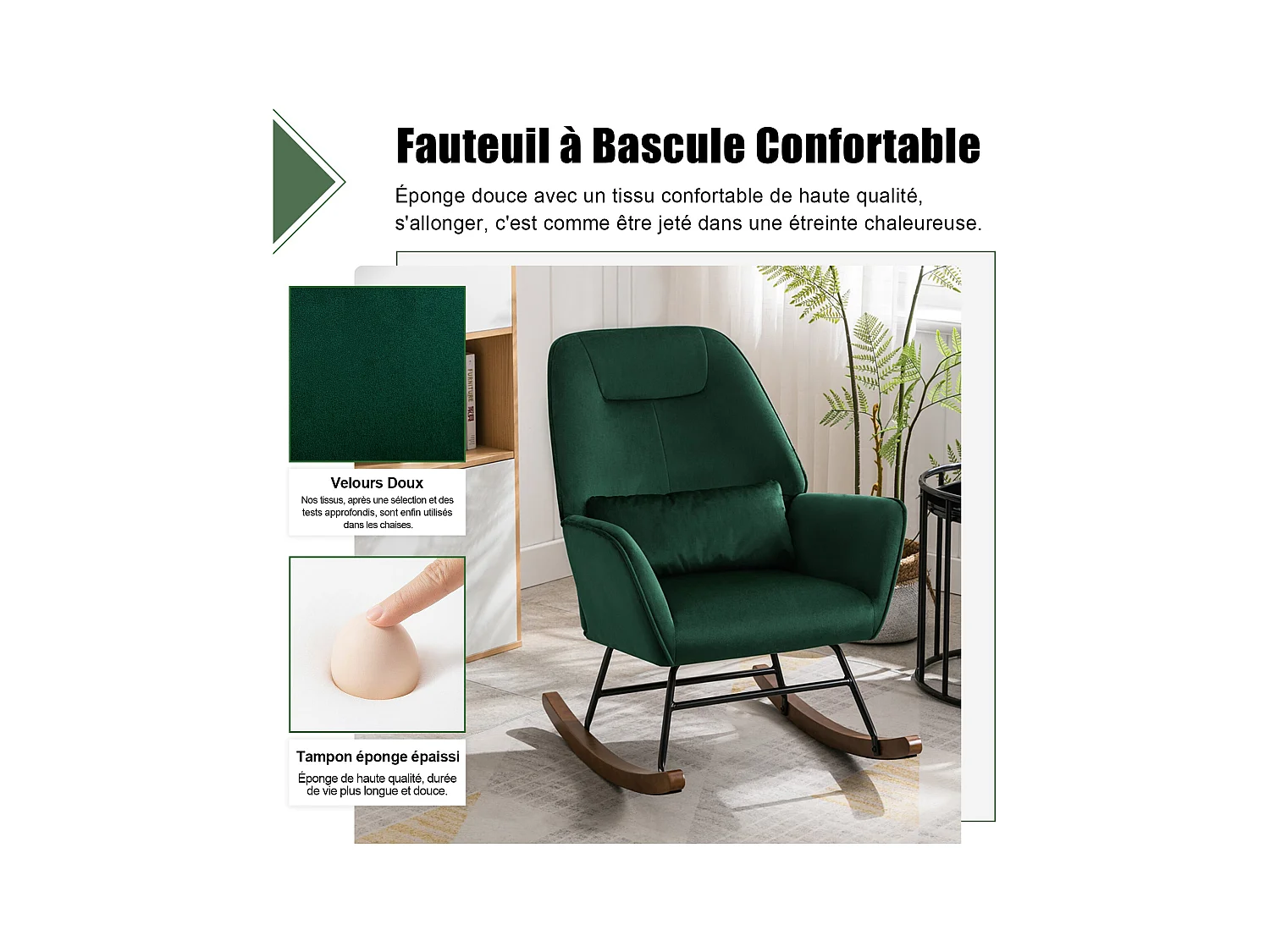 Fauteuil à Bascule en Velours Rembourré avec Support Lombaire,  Fauteuil Allaitement à Bascule pour Salon, Chambre d'enfant, Vert Foncé