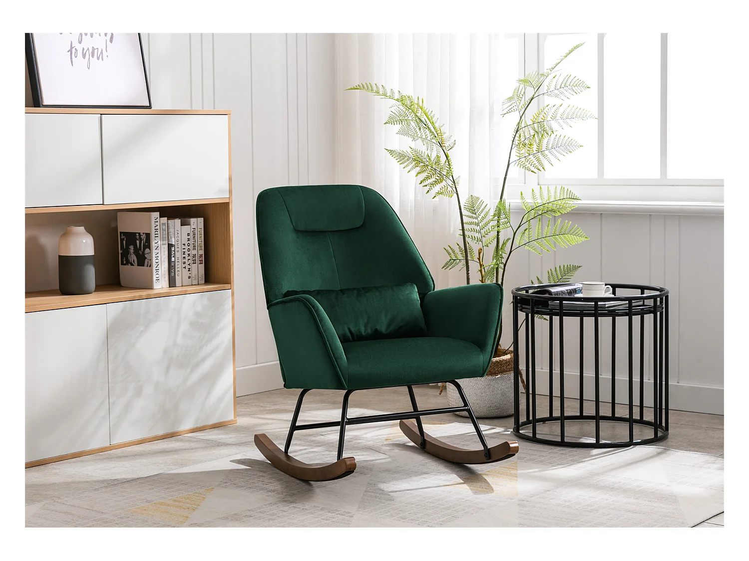 Fauteuil à Bascule en Velours Rembourré avec Support Lombaire,  Fauteuil Allaitement à Bascule pour Salon, Chambre d'enfant, Vert Foncé