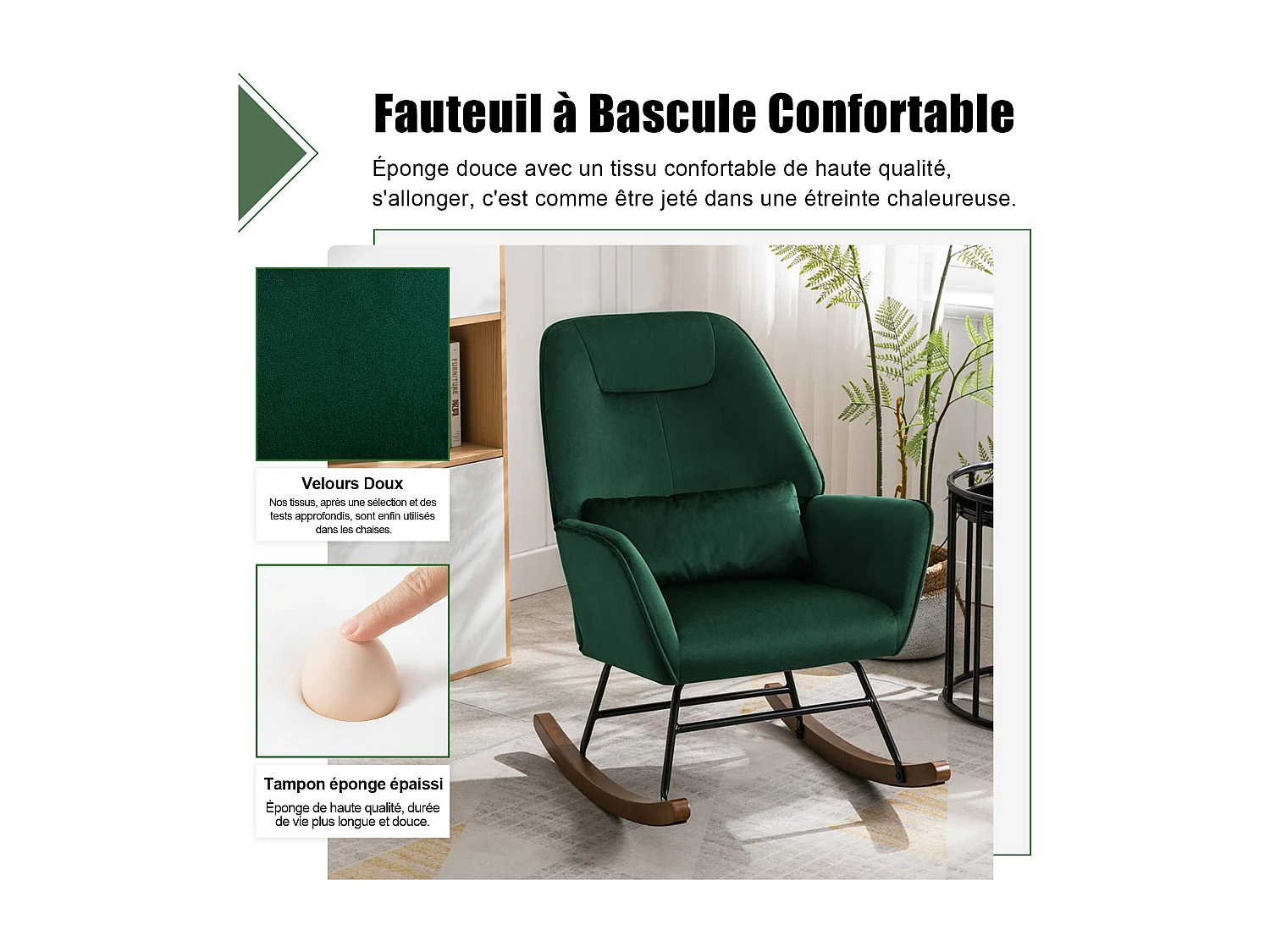 Fauteuil à Bascule en Velours Rembourré avec Support Lombaire,  Fauteuil Allaitement à Bascule pour Salon, Chambre d'enfant, Vert Foncé