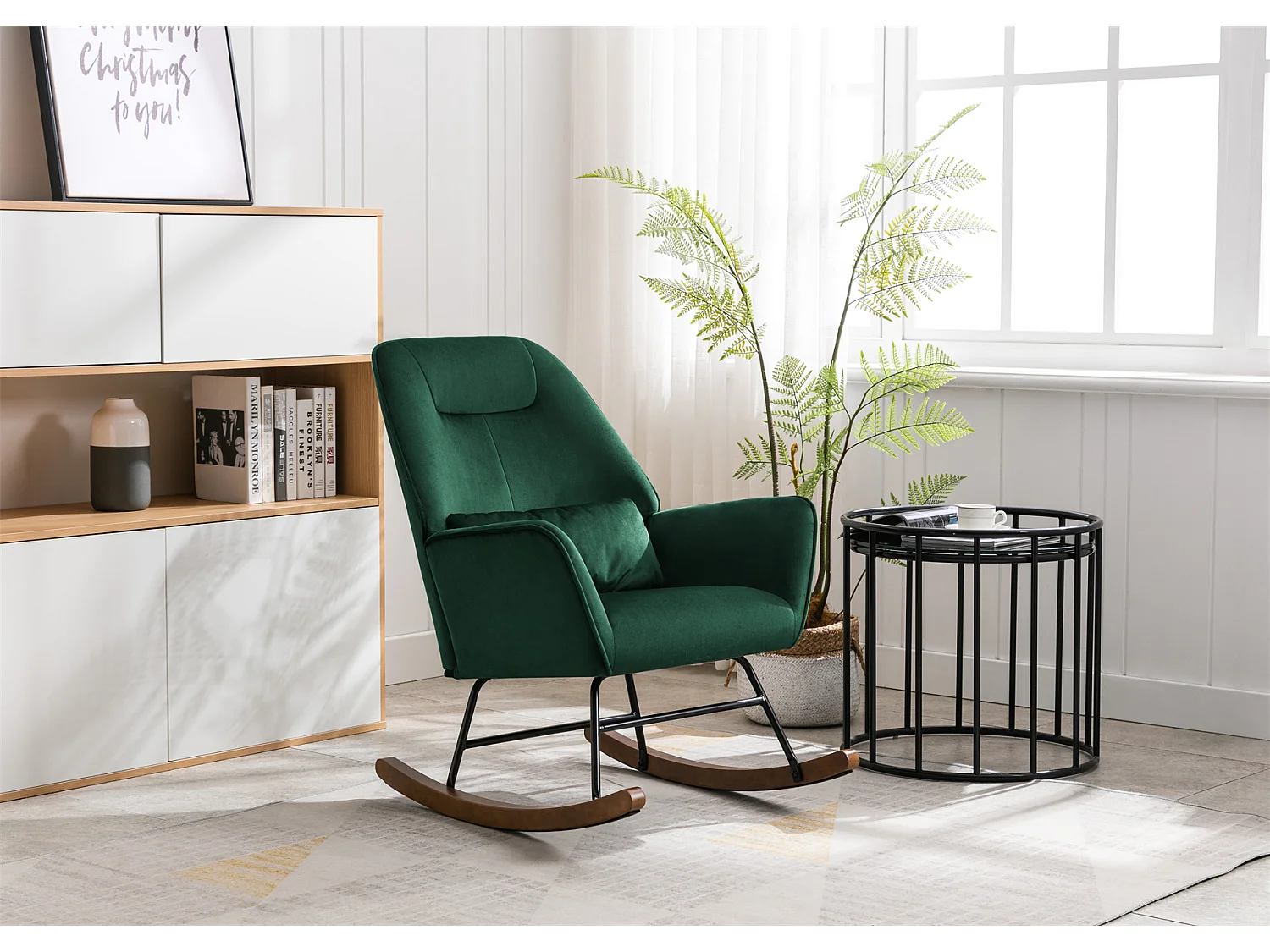 Fauteuil à Bascule en Velours Rembourré avec Support Lombaire,  Fauteuil Allaitement à Bascule pour Salon, Chambre d'enfant, Vert Foncé