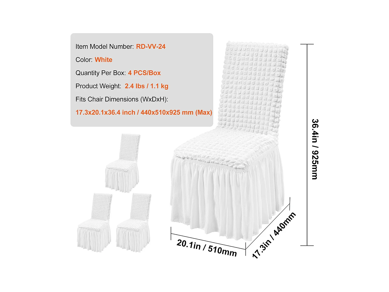 Housse de Chaise SucceBuy 4 Pièces, Blanc, de Chaise Pliantes en Élasthanne Extensible avec Jupe