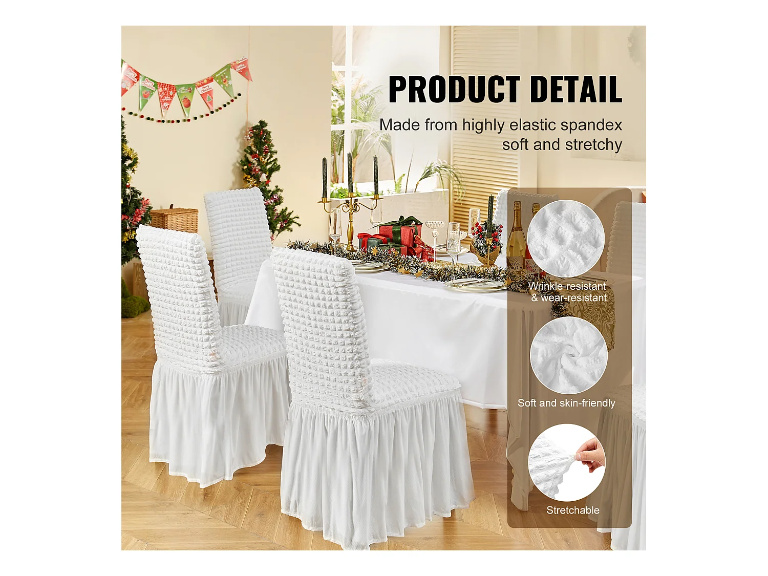 Housse de Chaise SucceBuy 4 Pièces, Blanc, de Chaise Pliantes en Élasthanne Extensible avec Jupe