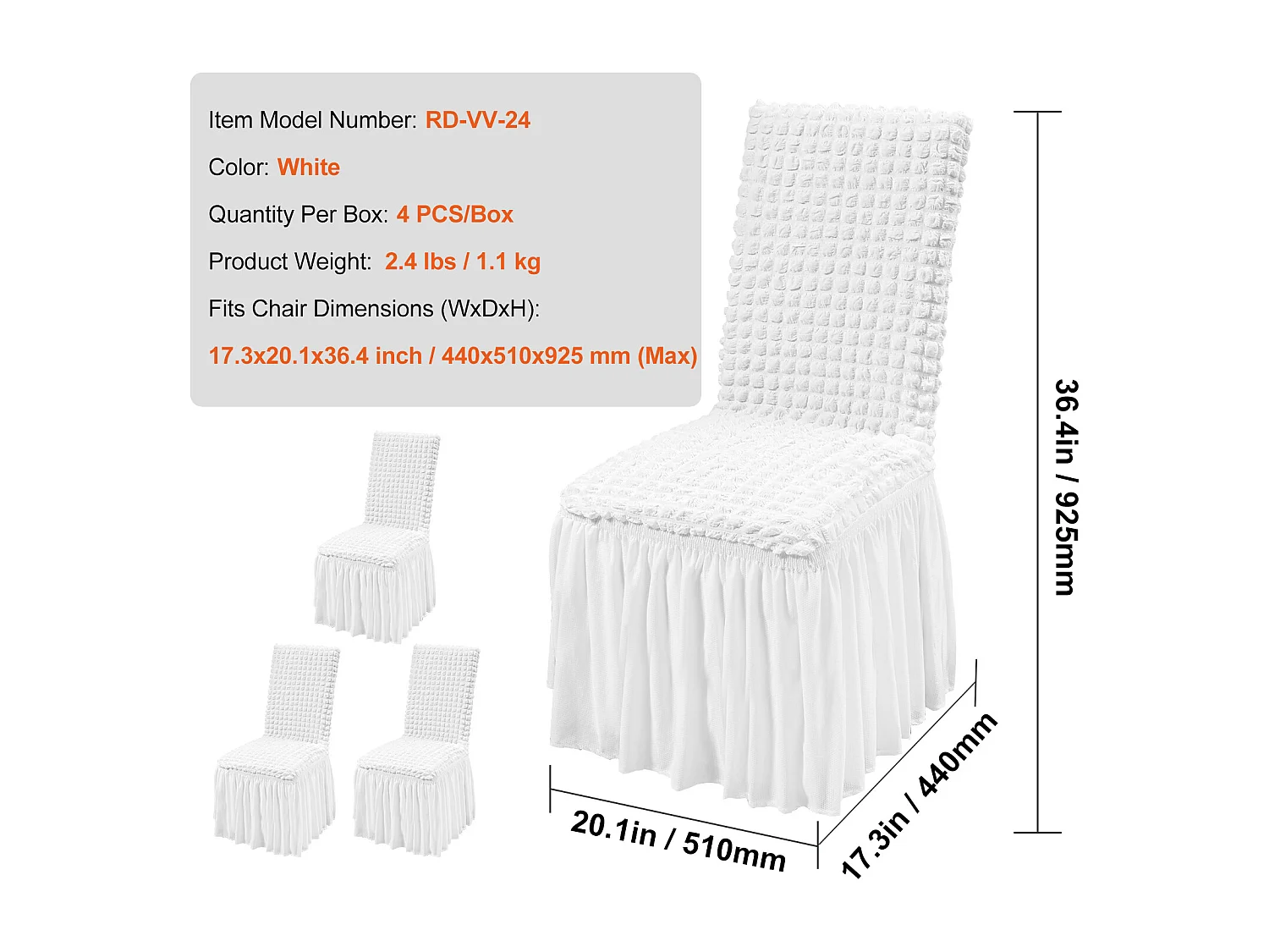 Housse de Chaise SucceBuy 4 Pièces, Blanc, de Chaise Pliantes en Élasthanne Extensible avec Jupe