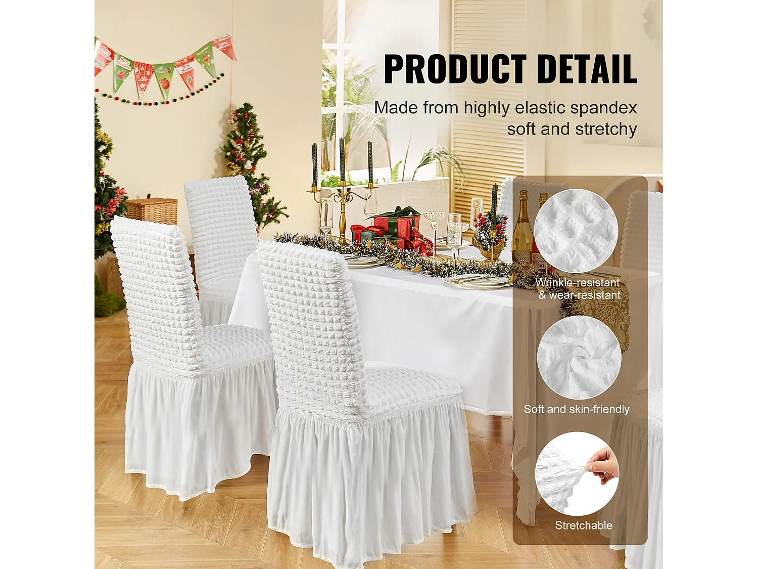 Housse de Chaise SucceBuy 4 Pièces, Blanc, de Chaise Pliantes en Élasthanne Extensible avec Jupe