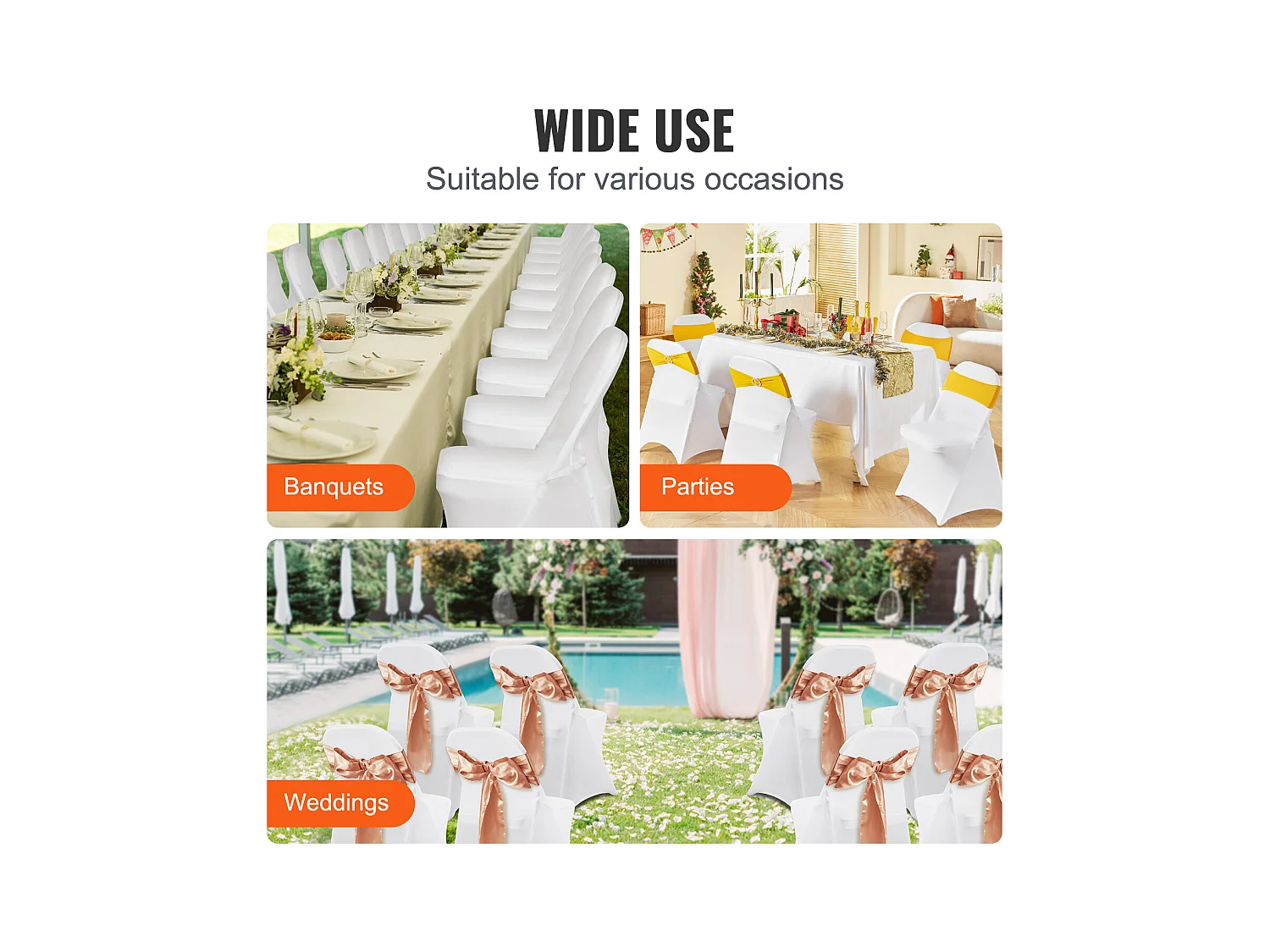 Housse de Chaise SucceBuy 50 Pièces, Blanc, de Chaise Pliantes en Élasthanne Extensible pour Mariage