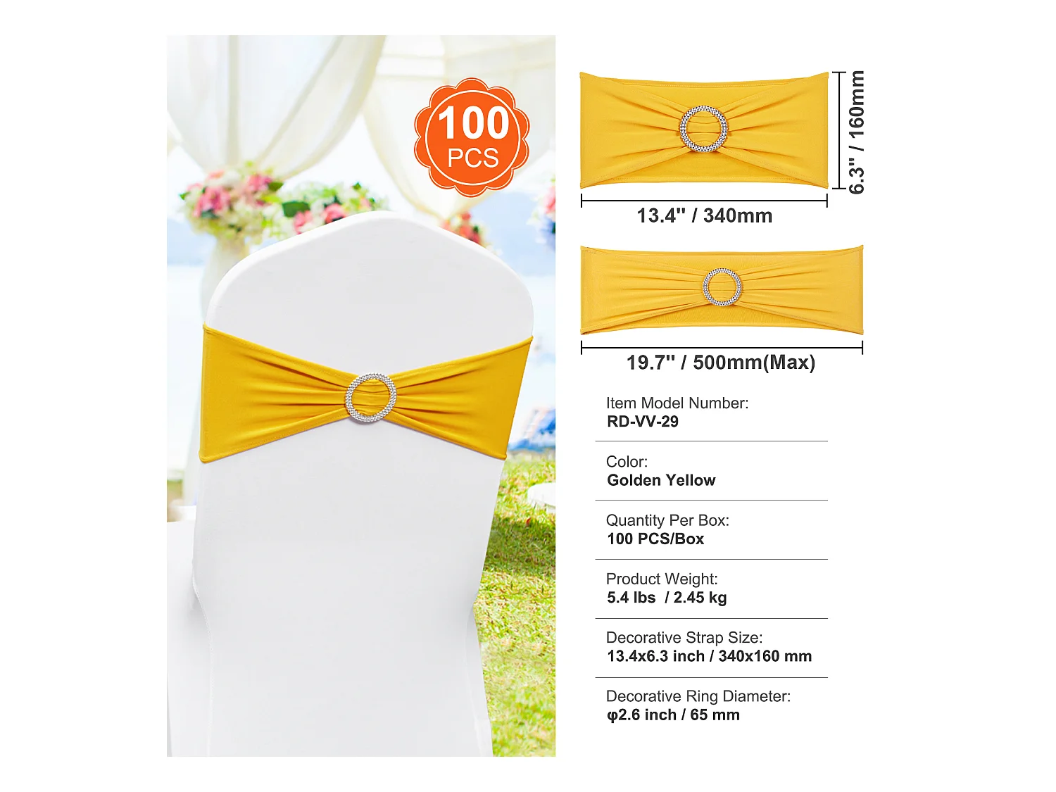 Housse de Chaise SucceBuy, 100 Pièces, Doré, de Chaise Extensibles, pour Décoration de Chaise de Mariage, de Vacances et de Fête