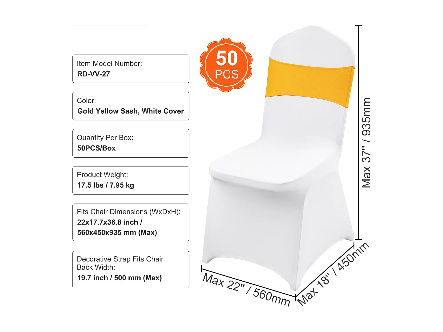 Housse de Chaise SucceBuy 50 Pièces, Or et Blanc, avec Ceintures pour Mariage et Fête