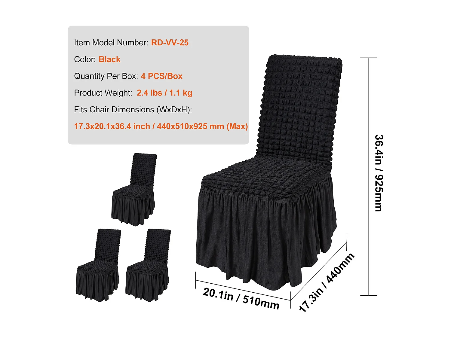 Capa de Cadeira SucceBuy 4 Peças, Preto, Capas de Proteção Universal para Festa de Casamento com Saia