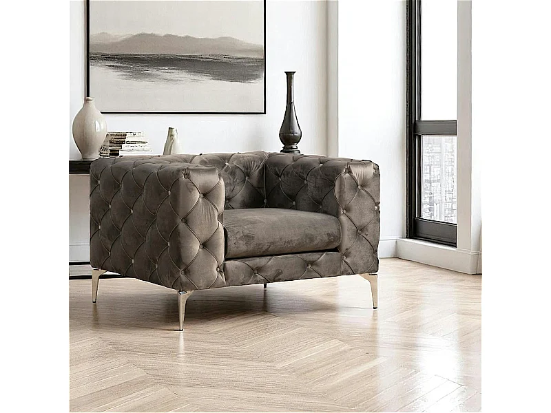 Fauteuil gris en velours capitonné DOVER
