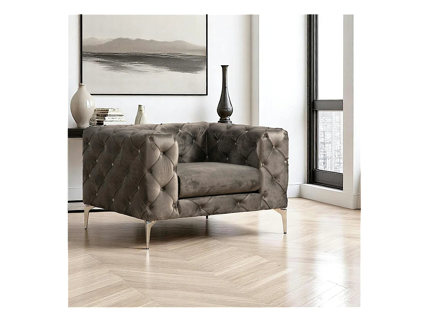 Fauteuil gris en velours capitonné DOVER