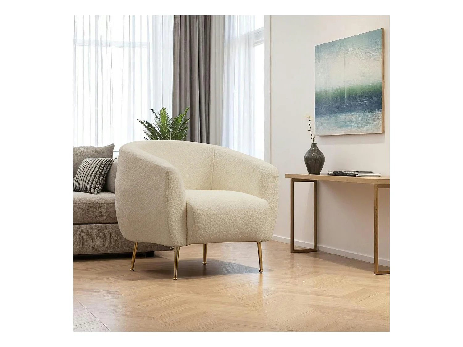 Fauteuil rond écru - pieds dorés LUCCA