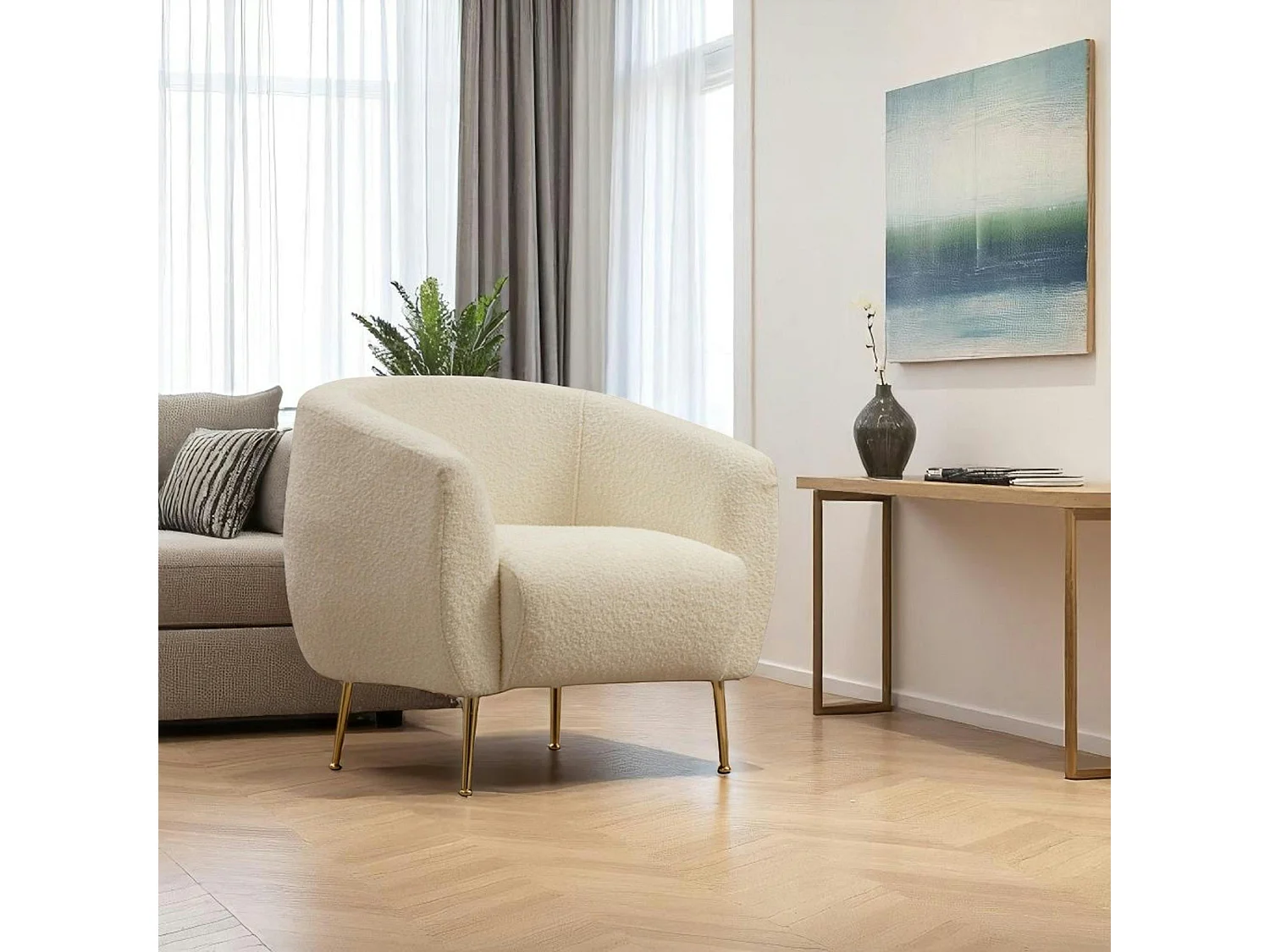 Fauteuil rond écru - pieds dorés LUCCA