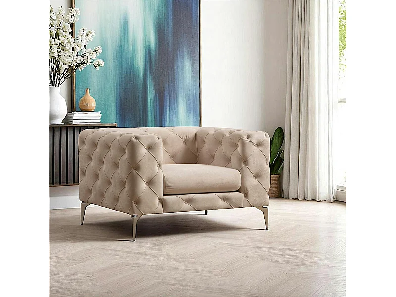 Fauteuil écru en velours capitonné DOVER