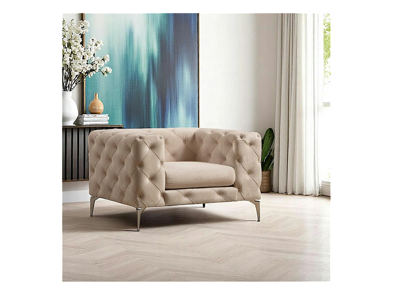 Fauteuil écru en velours capitonné DOVER