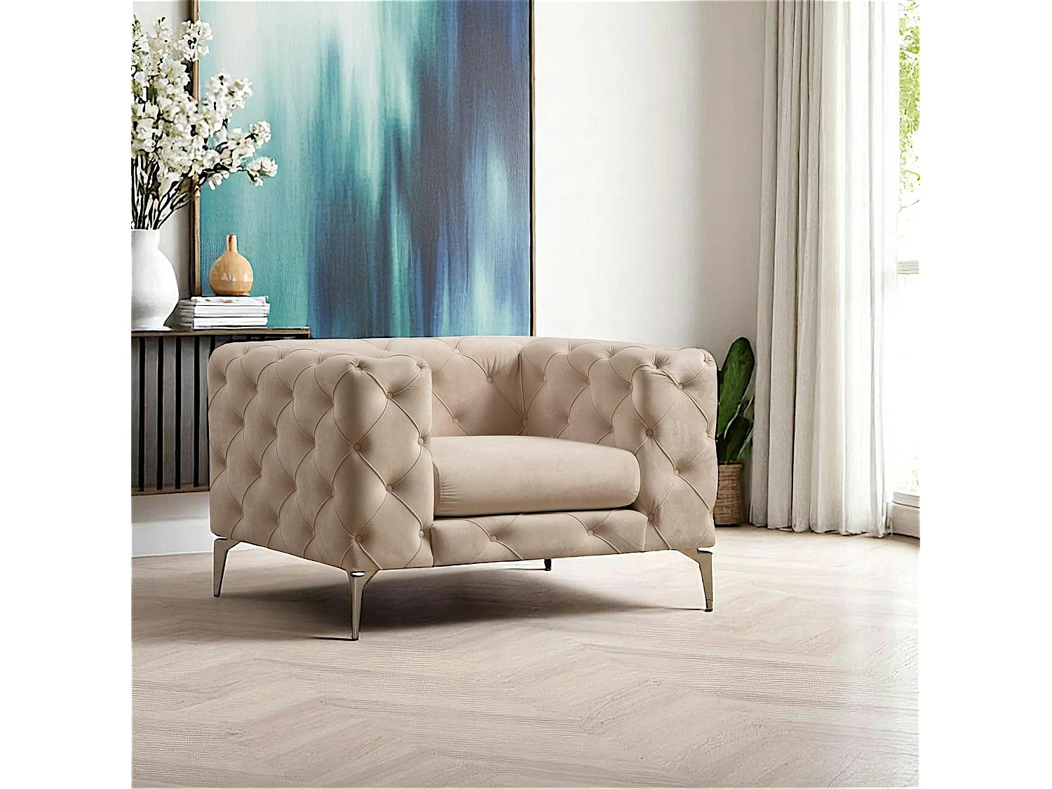 Fauteuil écru en velours capitonné DOVER