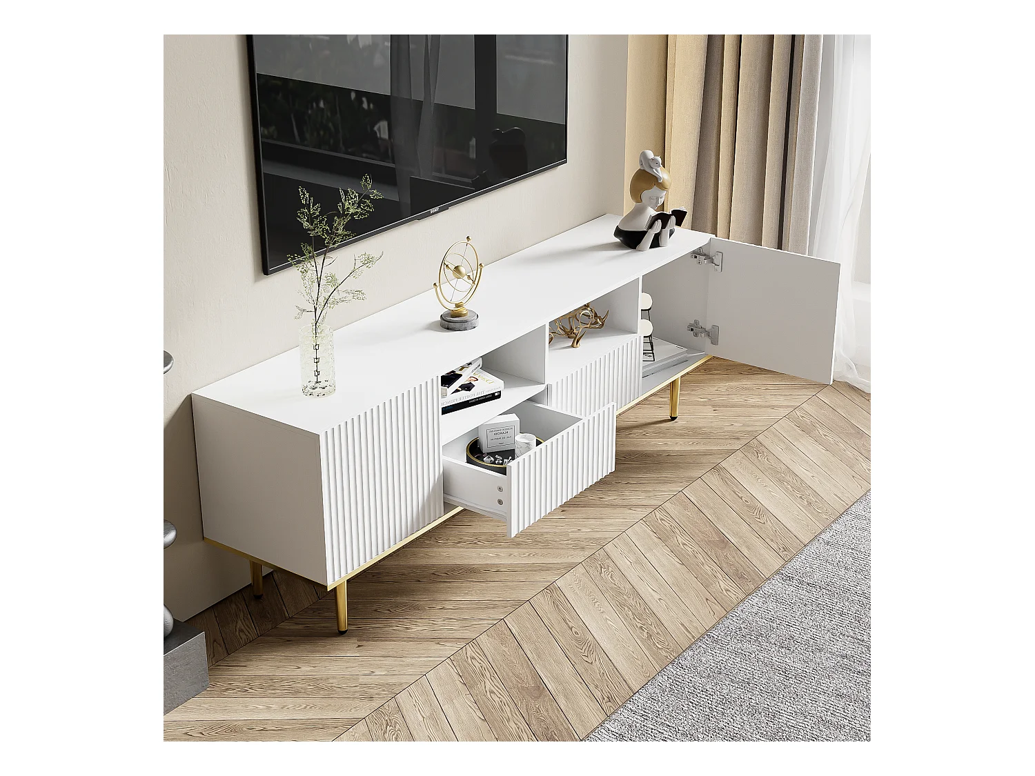 Meuble TV avec 2 portes, 2 tiroirs et 2 niches, corps Rainuré en blanc avec des accents dorés - 165x36x55cm