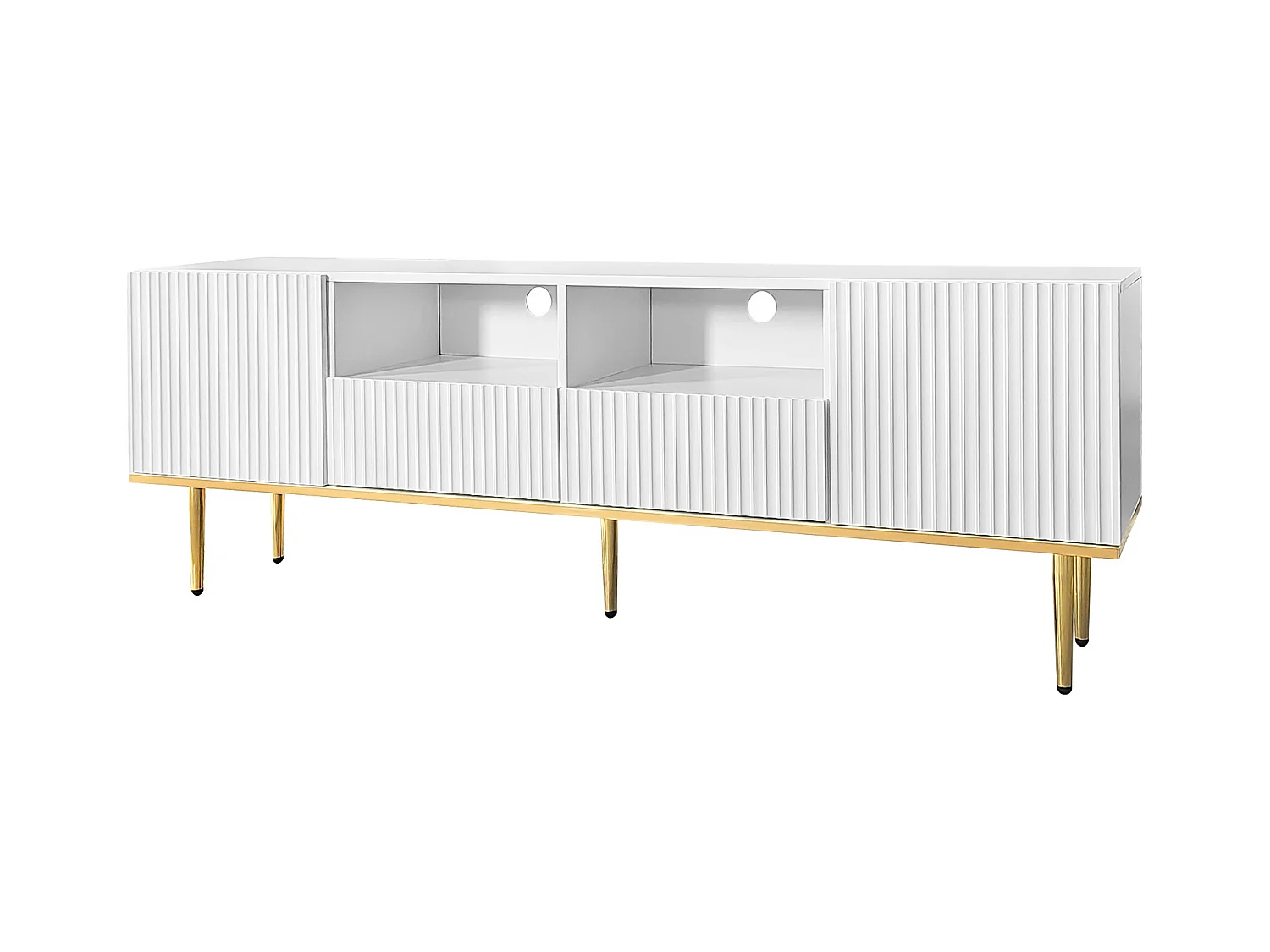 Meuble TV avec 2 portes, 2 tiroirs et 2 niches, corps Rainuré en blanc avec des accents dorés - 165x36x55cm