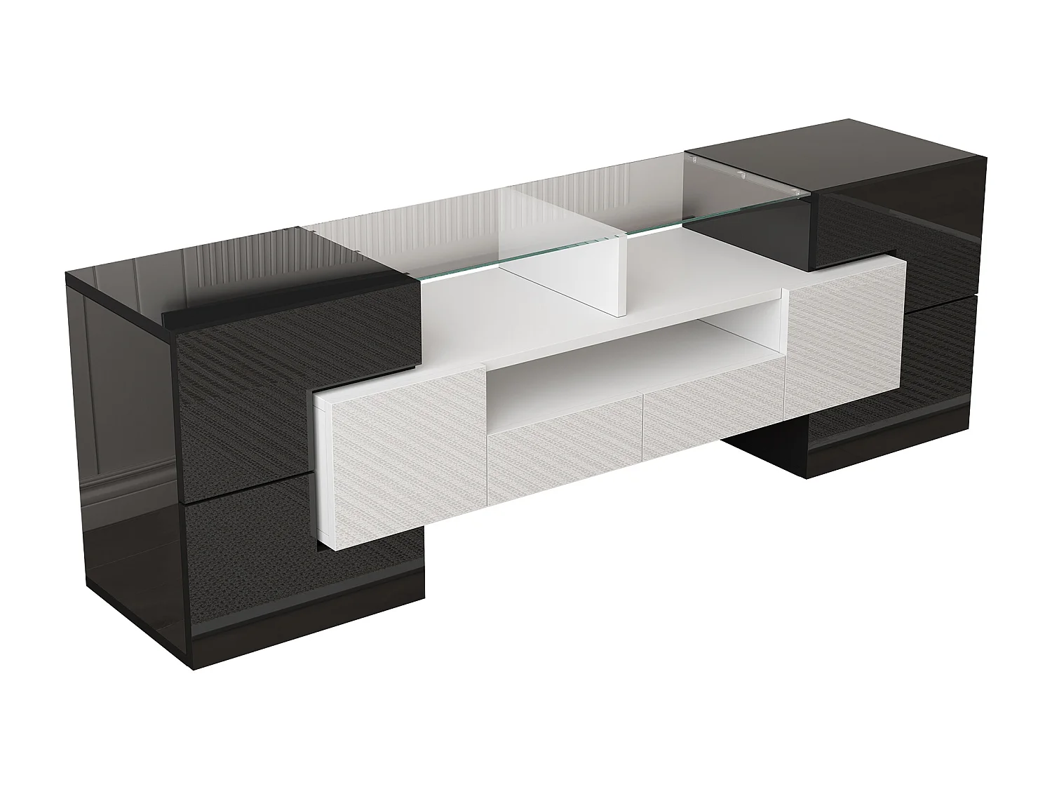 Meuble TV avec 6 portes, 2 tiroirs et 2 niches, LED inclus, en noir et blanc laqué brillant - 145x30x51cm